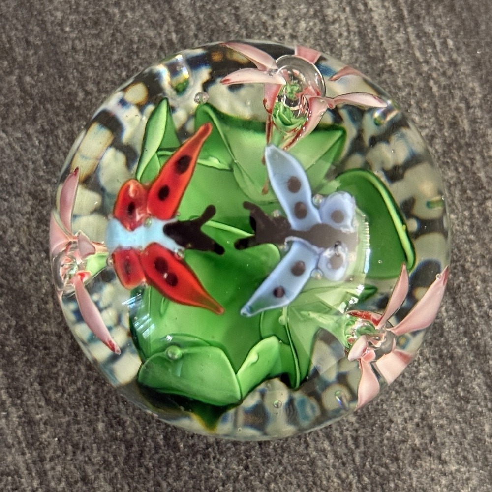 Vintage Murano Style Glass Paperweight Butterflies‎ and Pink Flower Green Red